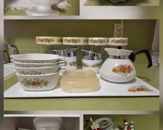 1924-25 Scammell China Co "Lamberton China" "Fleetwood Hotel, Miami Bch, FL service charger; CorningWare "Blue Cornflower" casserole dishes & complete 9 cup percolator; CorningWare "Spice of Life" set including 4 lidded canisters, 4 lidded Petite baking dishes, sugar bowl & creamer, teapot and glass tray; Anchor Hocking Milk Glass Harvest Grape Compote; Mid-Century Modern footed compote dish, Aqua-blue/turquoise glazed finish with textured detailing and metallic gold-gilded edges; 3 pc 1975 FTD white milk glass footed compote featuring embossed oak leaf and vine pattern;  Napco #1190" Mid-Century Modern White Milk Glass vase; asst glass bowls and pyrex dishes