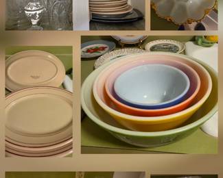 Vintage clear Mid-Century pressed glass tableware that includes EAPC (several with "Star of David" starburst motif), Wexford covered dish, Indiana Glass "Diamond Point" trays/nesting bowls, Floral/Intaglio plates/dishes; 4-pc Pyrex "Reverse Primary" multi-colored  mixing bowl set (introduced in 1969); 2-Nordic Ware No 62 Large Gourmet Sizzler Servers; 4 pc Wellsville China "San Tan" J52 (1952) oval platters (2 small, 8-10", 2 large, 11-13.5"); a 1934 Bailey-Walker green banded platter; 2 Anchor Hocking Fire-king milk glass deviled egg plates featuring scalloped edge and metallic gold trim; Paula Dean "Harvest" 9" pie dish; Warwick China "Santone" 1930's-40's Commercial grade serving platter; Roma blue spongeware bowl; 2 Indiana Glass "Harvest Grape" candy dishes; asst other glass serving dishes, bowls