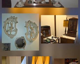 Hollywood Regency & Rococo-style gold-gilded ornate Mirrors, Cherub & Bird/floral plaques, & candle sconces. Vintage pair of crystal/glass electric hurricane or boudoir table lamps featuring teardrop prisms & chimney with etched grape vine design. Universal Stat. Co. 1961 "Dancing Ballerinas" Chalkware plaque set. Art Nouveau "Lady of the Lake" brass mirror. 2 wood jewelry chests. Vintage porcelain clock lamp "Victorian style" details with delicate birds on base. "Gone with the Wind" style hurricane lamp "Cottagecore" featuring blue florals on milky glass. Mid-Century Hollywood Regency "waterfall" table lamp in Rococo style, adorned with faceted prisms & pleated shade accompanied by 2 matching candelabras. Vintage floral-embossed ceramic table lamp featuring a textured speckled base decorated with raised rose-like & leaf patterns topped with ivory scallop-edge shade.
