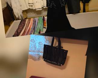 M Liz Claborne quilted jacket with silver accents; 2X Leather Alfani jacket, likely 18 R & M Richards evening dress with floral jacket and Norton McNaughton black jacket; OS Sandi Layne knitted cape with button neck closure, a white lace-like shawl; assorted decorative scarves; Polo tote bag; KR Strikforce rolling, double bowling ball bag; hard and soft sided American tourist luggage, soft sided is a 4 pc set including a garment bag