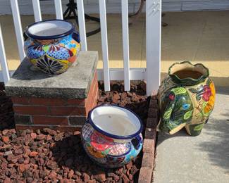 Talavera garden planters (2), very colorful; Ceramic "Elephant" planter; (Not pictured) are a large assortment of terra cotta Orchid/flowers pots/saucers