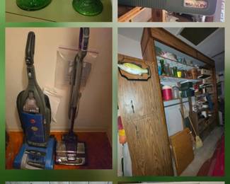 1960's EO Brody emerald green crinkle glass vase & pedestal bowl; Stanley "Aladdin" lunch box cooler & thermos with integrated handle to hold thermos in place; Hoover WindTunnel and Shark upright vacuums; Craftsman 3.0 HP wet/dry shopvac; Craftsman Prof. Speed Start gas powered back-pack blower; Vintage 1910's-50's Eagle "USA" clear glass hurricane lanterns; shop shelving includes asst coolers, glass vases, large qty of in/out electrical extension cords, plugs; various hardware; Kobalt "wooden" cutting grid