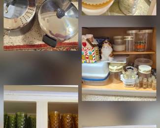 Cuisinart electric griddle, premium brand, lidded stock pot assortment; Wilton cake pans; cake lazy susans, various mixing bowls & bakeware; vintage "Brumwell's" sifter; various Tupperware, Old Brooke "Stonecastle", features oven-to-table, MW & DW safe use; Amber & Olive Green Indiana Glass "Whitehall" (8-12 each), 6 large pedestal glass desert goblets, clear-green graduated tall beverage cups with pitcher, 12 pc clear glass set; Cookie jars, vintage spice jars