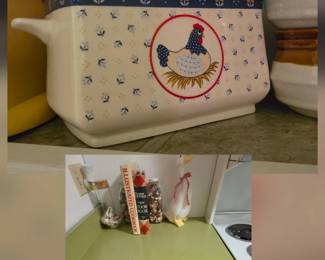 1980's Ceramic Country Hen Soup Tureen/Gravy Bowl with Ladle, JC Penney; vintage cook books, ceramic "cottage" goose; asst glass jars with decorative rocks/shells; bamboo adjustable drawer divider (1 of 2 available) with asst cutlery and cooking/baking utensils 