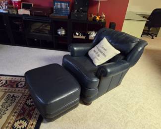 Blue leather chair and ottoman