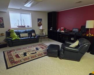 Blue leather sofa, chair and ottoman 