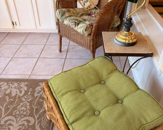 Wicker chair and ottoman + cushions