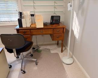 Office desk, chair, lamp