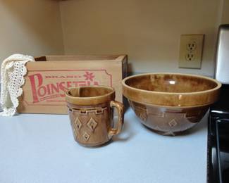 Monmouth Pottery 1940's Stoneware Batter Pitcher/Large matching bowl