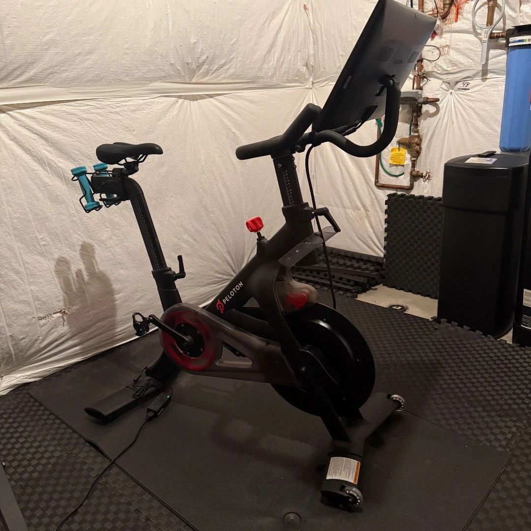 Lot #1- Peloton Stationary Exercise Bike with Shoes & Accessories