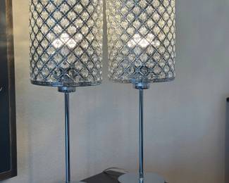 Lot #57- Pair of Chrome Lattice Table Lamps with Faceted Beads