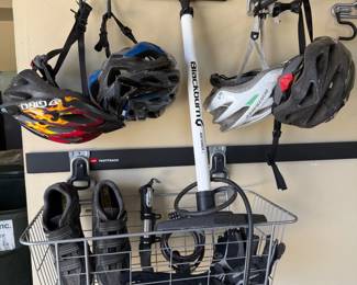Lot #36- Cycling Helmets, Shoes, Floor Pump & Accessories Lot