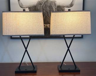 Lot #87- Pair of Black X-Frame Table Lamps with Fabric Shades