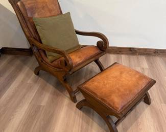 Lot #15- Brown Leather Sleigh Arm Chair & Matching Ottoman
