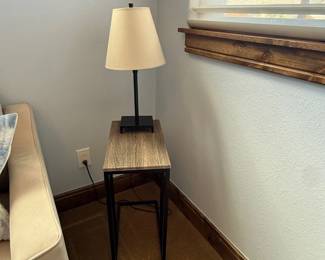 Lot #74- Industrial Wood & Black Metal Side Table with Lamp