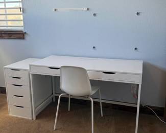 Lot #73- White Metal-Frame Desk, Five-Drawer Cabinet & Chair Set