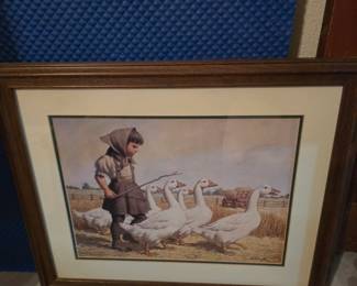 pastoral print of a young girl herding geese