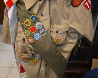 vintage Boy Scouts of America uniform shirt with an Order of the Arrow sash and numerous original patches