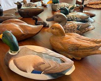 Mallards and wooden hand carved duck collection
