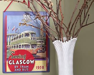 Westmorland white vase, souvenir Glasgow sign
