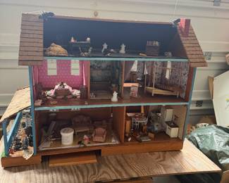 Large vintage dollhouse with miniature furniture & accessories