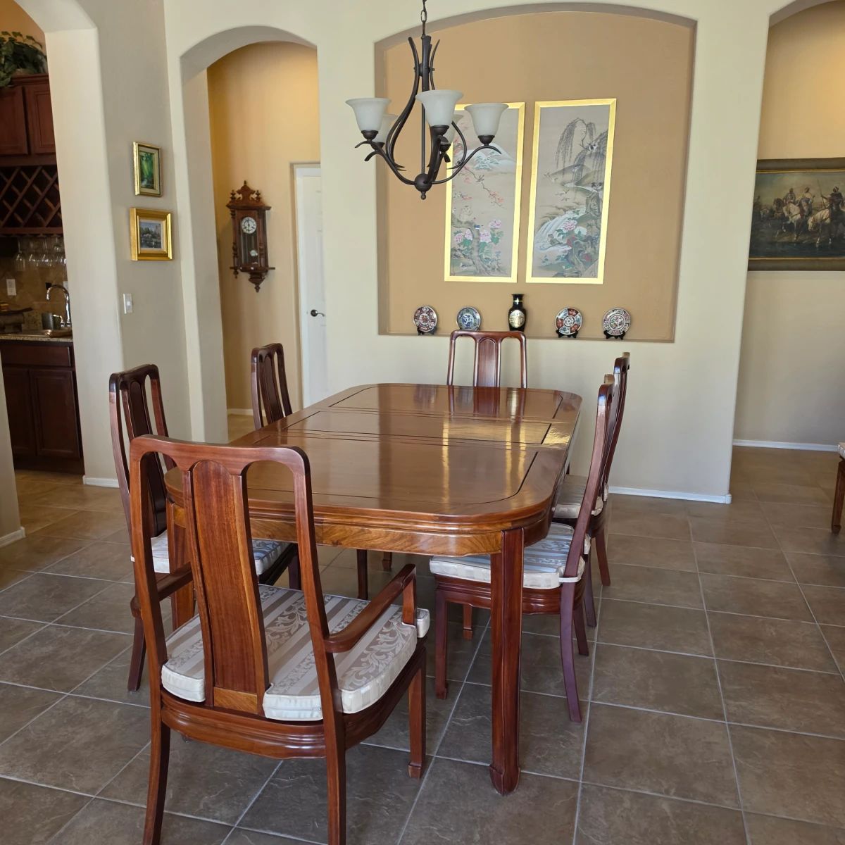 Chinese Rosewood-Style Dining Table, 8 Chairs & Extension Leaf