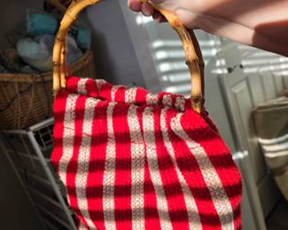 hand-crocheted red-and-cream handbag/tote with genuine bamboo handles