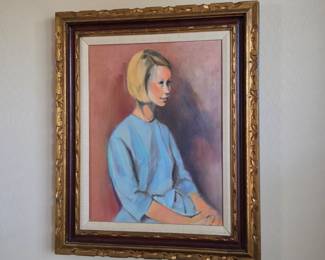 original framed mid-century oil portrait of a blonde woman wearing a blue dress