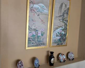 Pair Framed Asian Bird & Floral Silk Art Panels