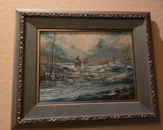three mounted riders traveling through a snowy landscape Framed
