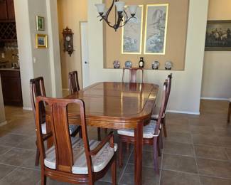 Chinese Rosewood-Style Dining Table, 8 Chairs & Extension Leaf