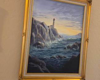 Signed G. Koch Original Lighthouse Coastal Oil Painting – Ornate Frame