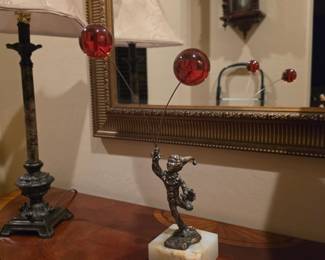 Vintage Metal Jester Clown Figurine Red Balloon Art Onyx Marble Base