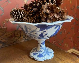 Vintage Blue and White Porcelain Compote with Scalloped Rim