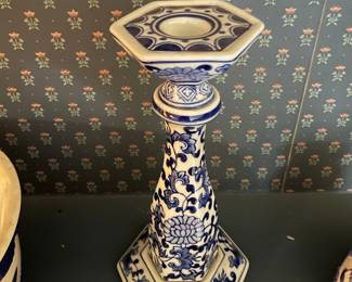 Vintage Blue and White Chinoiserie Candlestick