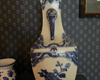 Vintage Blue and White Porcelain Vase with Foo Dog Handles