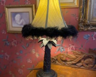 Vintage Palm Tree Lamp with Feather Trim Shade