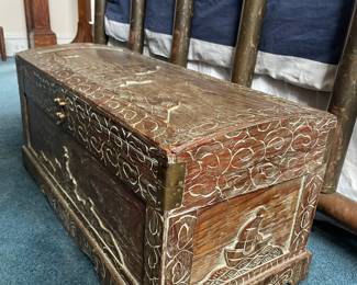 Vintage Hand Carved Camphor Wood Nautical Storage Chest