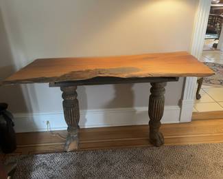 Rustic Live Edge Console Table with Turned Pedestal Legs and Carved Paw Feet