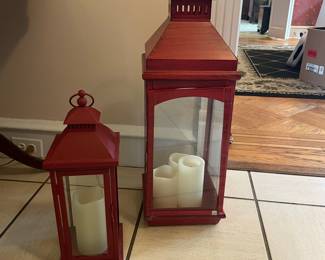 Vintage Red Metal and Glass Candle Lanterns