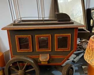 Vintage Wooden Stagecoach Toy with Red Trim