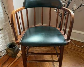 Vintage Spindle Back Captain's Chair with Green Vinyl Upholstery