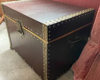 Vintage Faux Leather Storage Trunk with Brass Studs