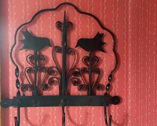 Vintage Wrought Iron Bird Motif Wall Hook Rack