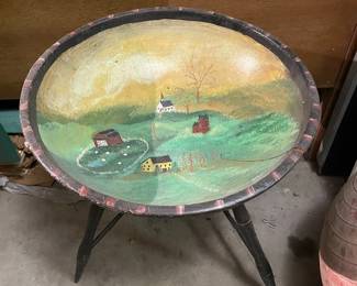 Vintage Hand-Painted Folk Art Wooden Bowl Table