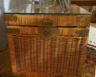Vintage Chinoiserie Wicker Trunk with Brass Accents and Glass Top