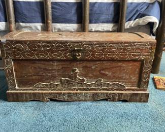 Vintage Hand Carved Camphor Wood Nautical Storage Chest