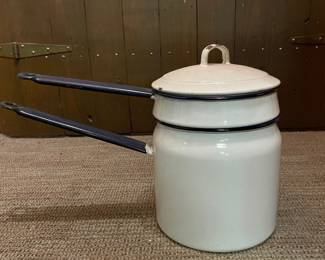 Vintage White Enamel Double Boiler with Blue Trim and Handles