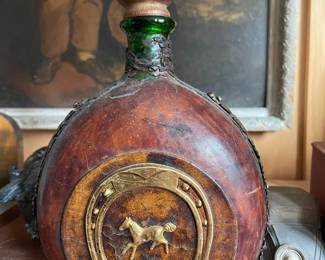 Vintage Italian Leather Wrapped Decanter with Horse and Horseshoe Motif