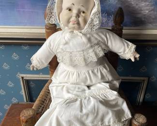 Vintage Bisque Head Doll with Christening Gown and Bonnet